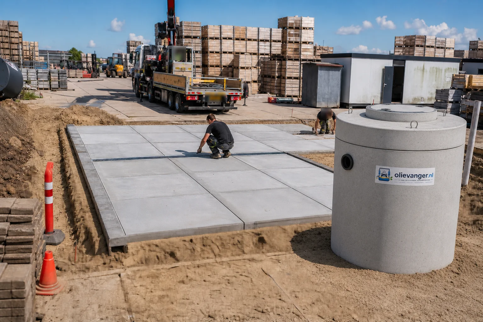 Betonnen olieafscheider naast een pas gelegde betonnen wasplaatsvloer met afvoergoot op een werkterrein