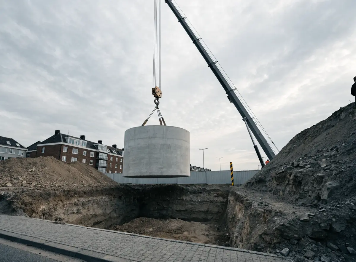 Plaatsing van een olieafscheider: een kraan hijst een betonput in de bouwput