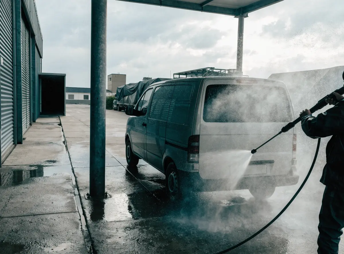 Bestelbus wordt gereinigd op een overdekte wasplaats